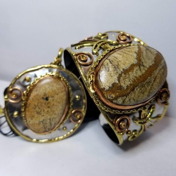 New With Tags Artisan Crafted Natural Picture Jasper Necklace and Cuff Bracelet - Picture 4 of 6